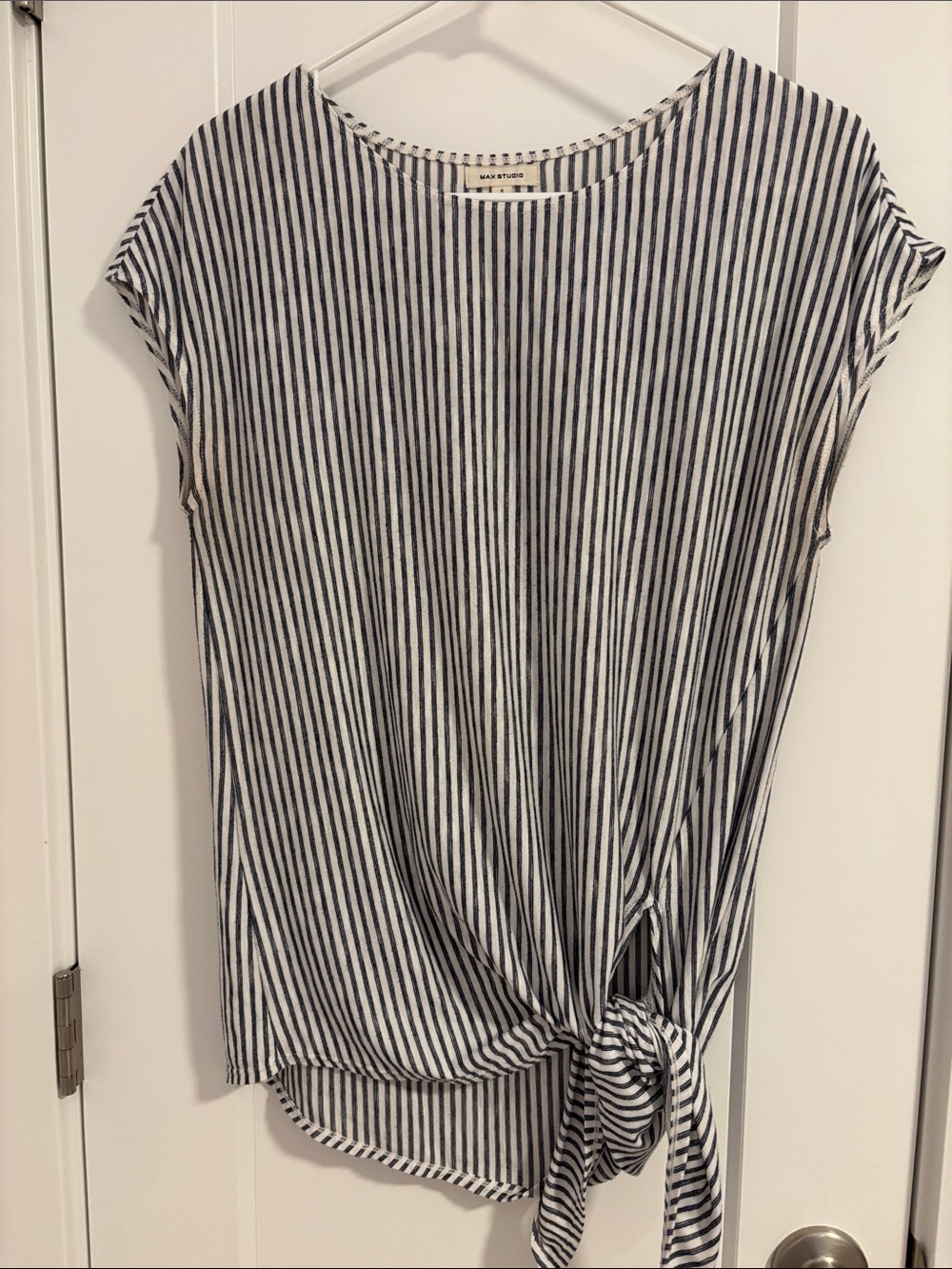 Max Studio Navy & White Vertical Stripe Tie-Hem Cap Sleeve Shirt